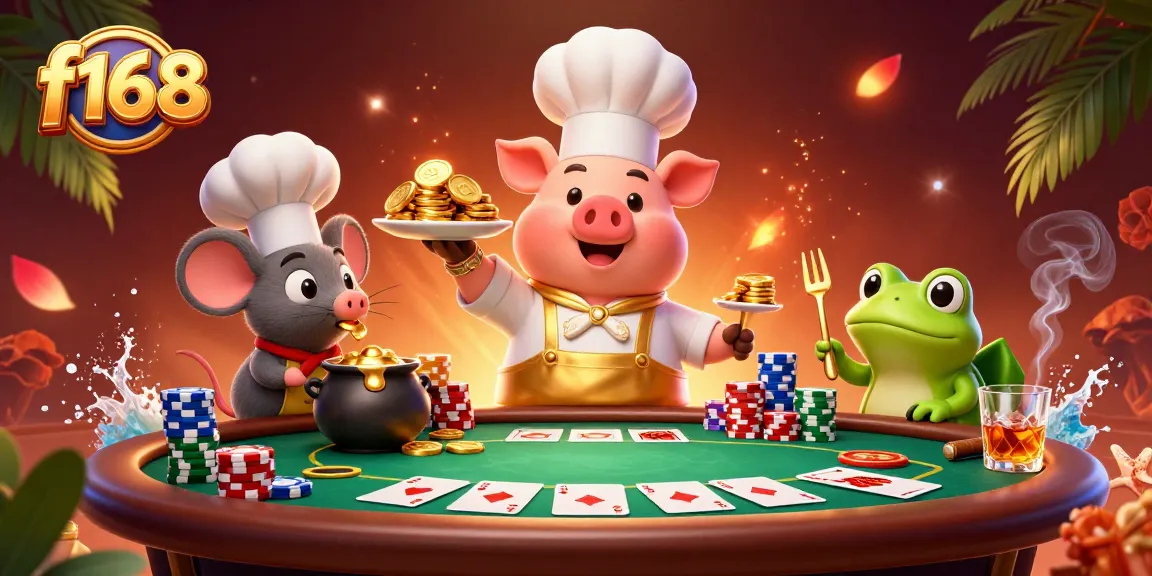 Experience the thrill of f168 with cartoon characters enjoying a vibrant casino scene filled with gold and poker.