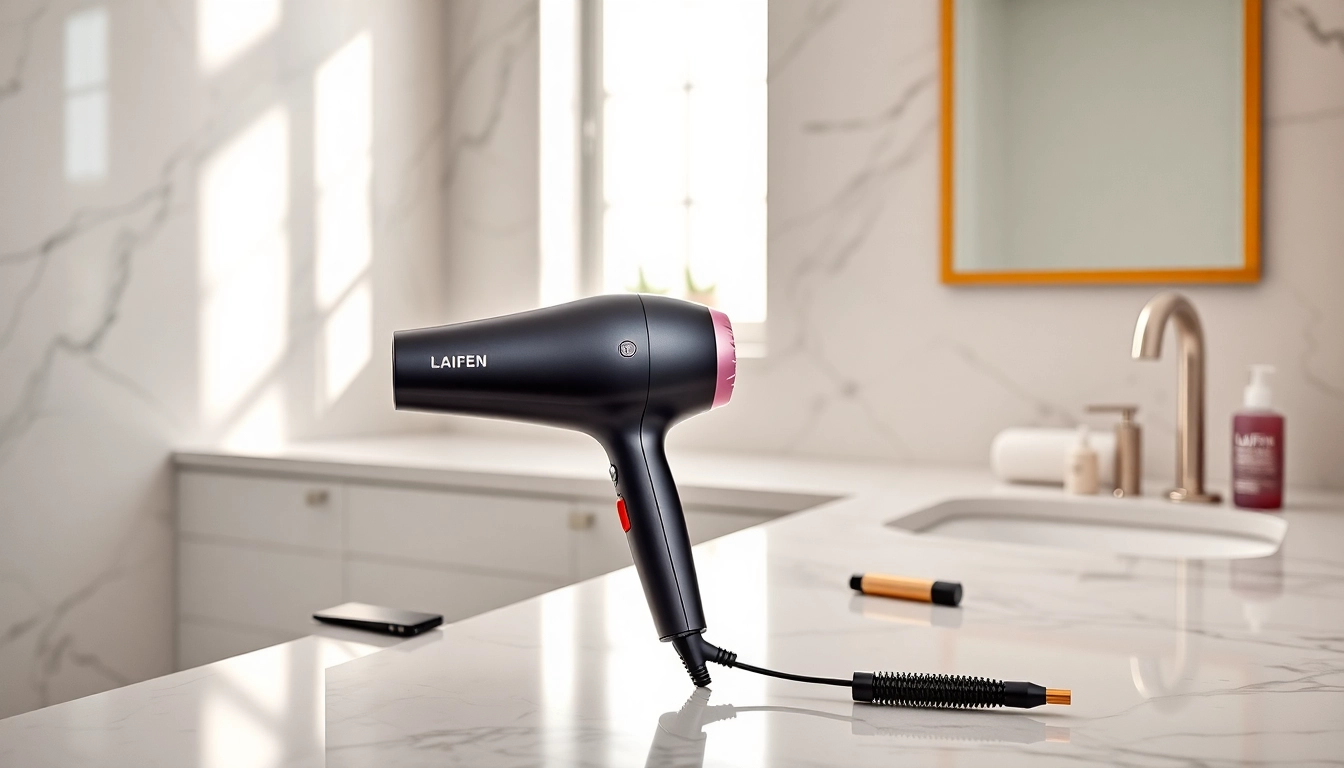 Stylish Laifen blow dryer elegantly displayed in a modern bathroom setting, showcasing design and quality.