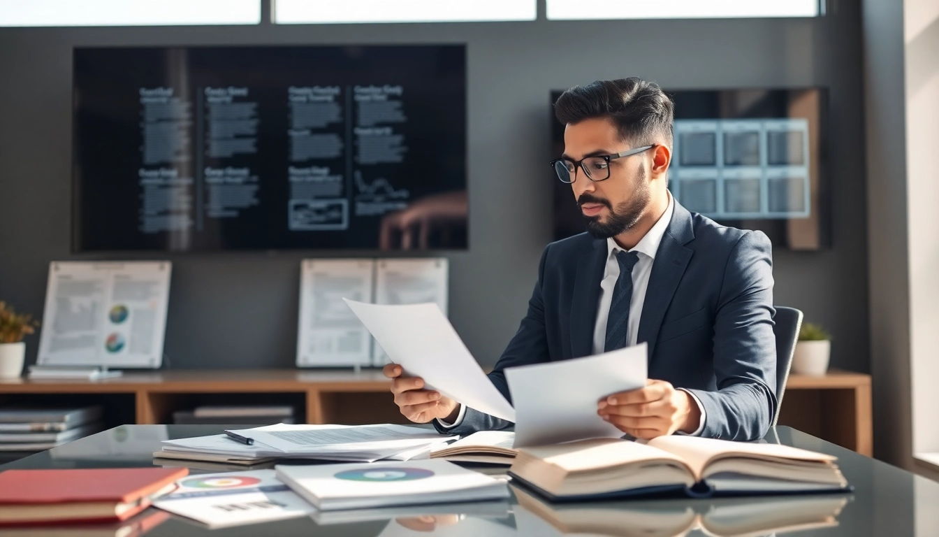 Consultant examining flowdown contract provisions with analytical materials in a bright office.