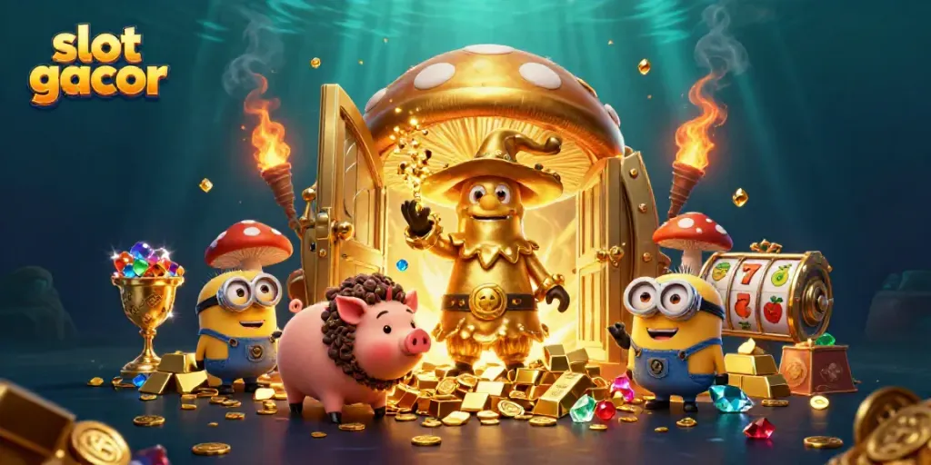 Slot gacor menampilkan penyihir jamur emas sihir, babi truffle, dan simbol permainan bersama harta berkilau.
