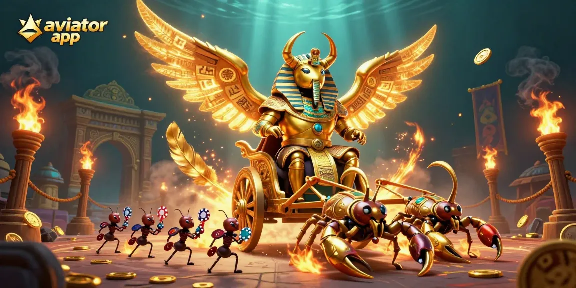Win big with the aviator app featuring a golden scarab beetle and captivating casino elements.