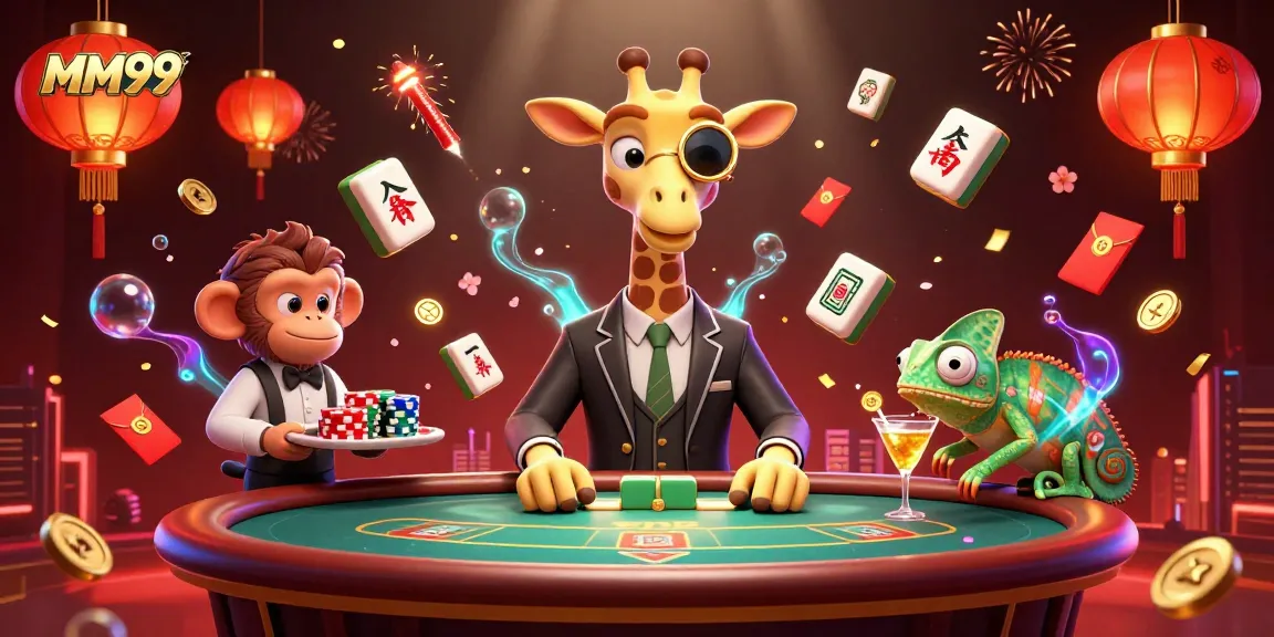 Engage with the vibrant MM99 gaming world featuring high-roller giraffe at a poker table.