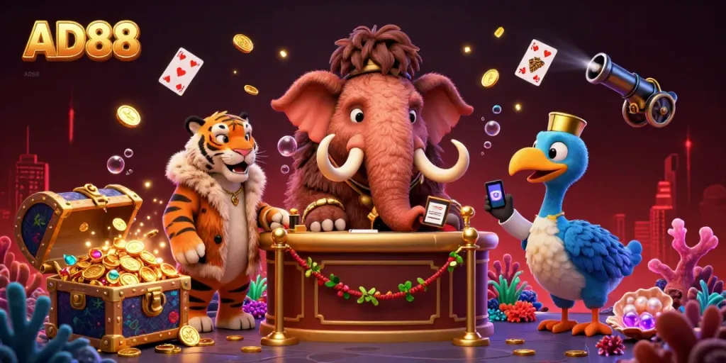 Experience thrilling gaming at AD88 with a cartoon casino scene featuring unique characters and treasure-filled animations.