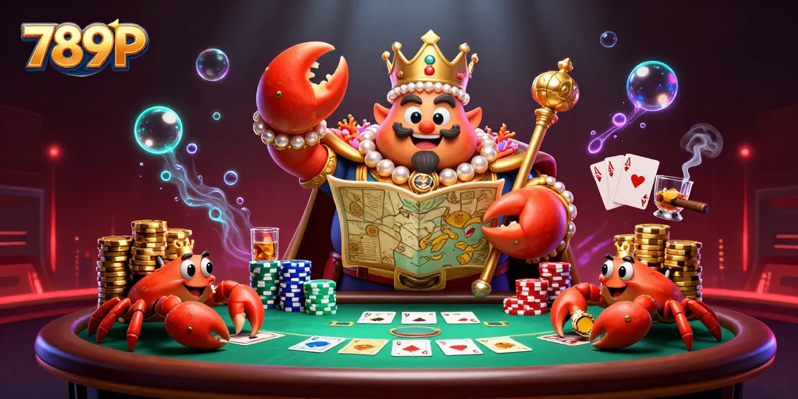 Experience the vibrant world of 789P with a golden crab emperor in a dynamic casino setting, showcasing thrilling poker elements.