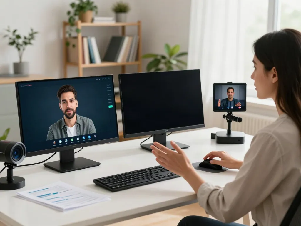 Deepfake protected Online Video Calls setup with diverse team on screens in a modern office.