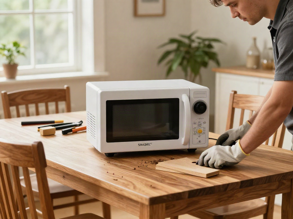 Professional using SHASHEL® microwave equipment for eco-friendly woodworm treatment in a cozy home.