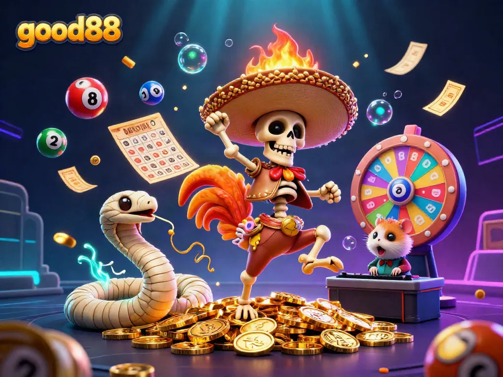 Engage with good88's vibrant scene featuring a mariachi rooster dancing on gold coins, symbolizing online gaming thrills.