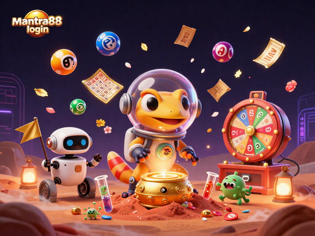 Experience the thrill of the mantra88 login as the Martian gecko uncovers a vibrant casino adventure in space.