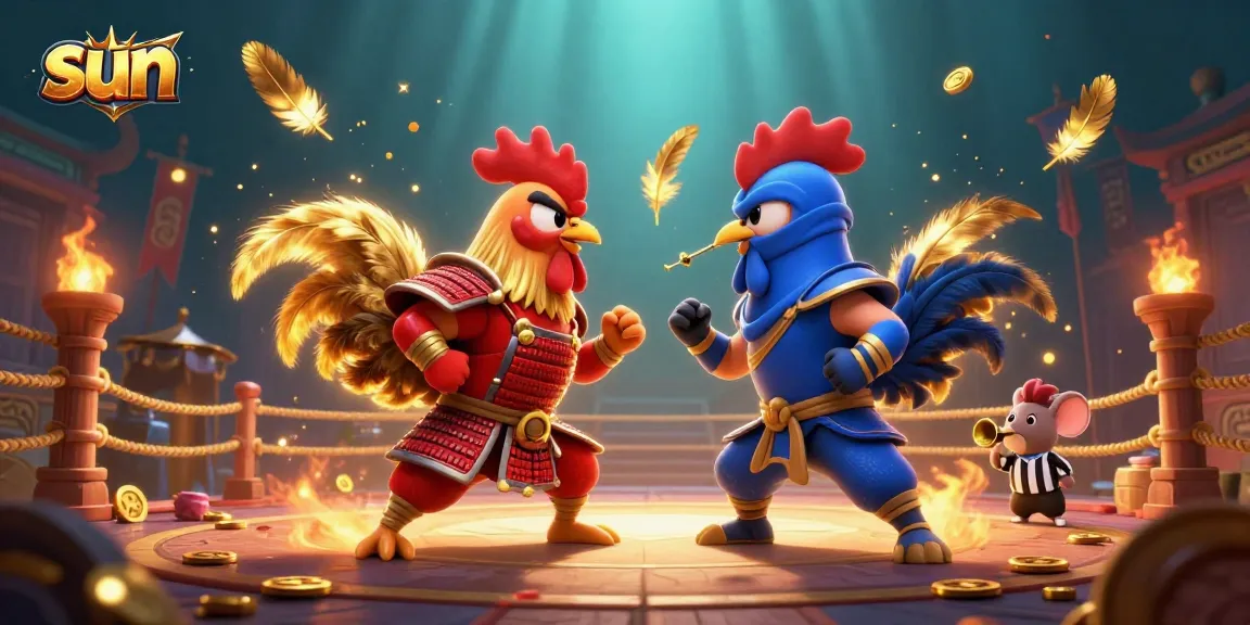 Bet on exciting moments as twin roosters clash at sun-themed casino arena.