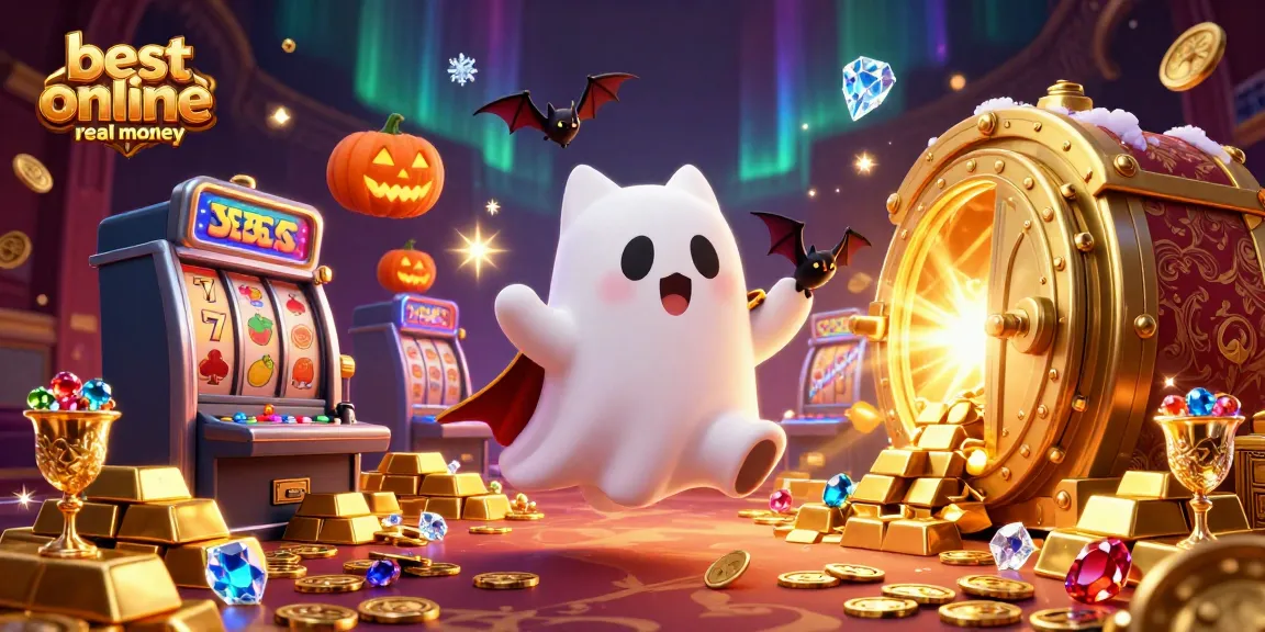 Experience the thrill of best online slots real money with a ghost cat and slot machines illuminating a haunted casino.