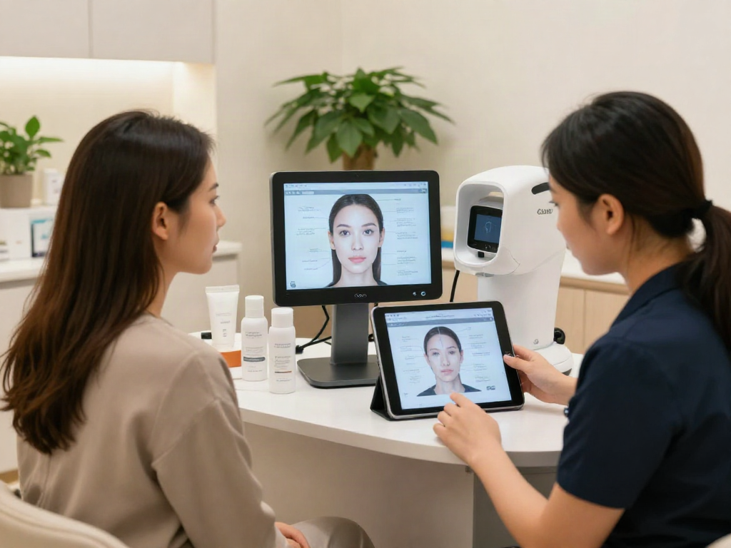 ClinicEvo cheaper than QOVES, showcasing a beauty consultation with analysis technology in a welcoming clinic.