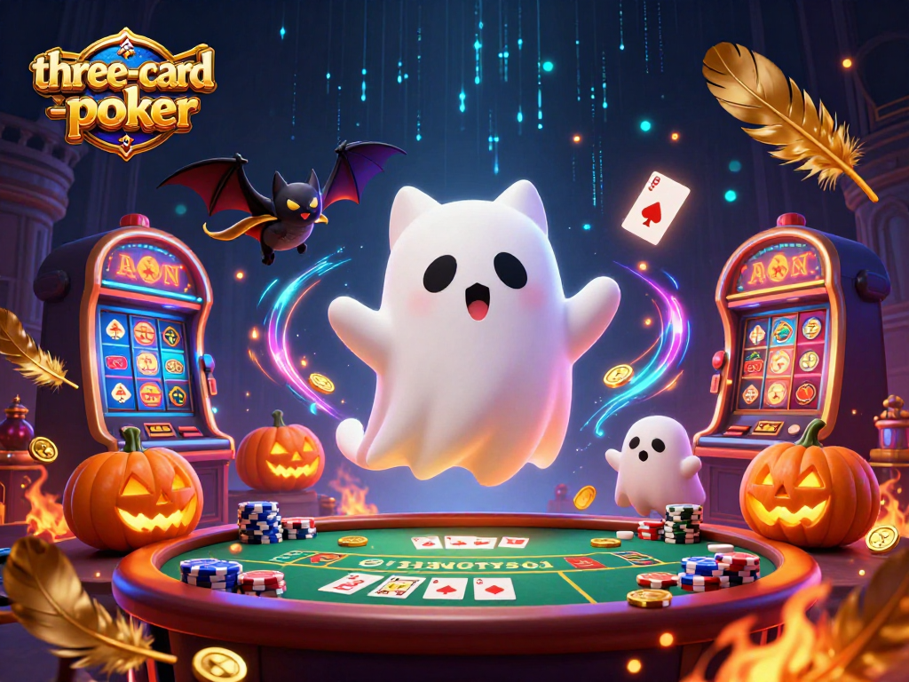 Experience thrilling three-card-poker moments with friendly ghost cat and vibrant casino elements.