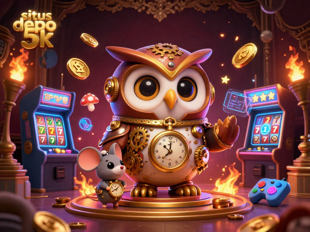 situs depo 5k showcases vibrant slot machines and casino elements with an owl and mouse amidst a lively gaming atmosphere.