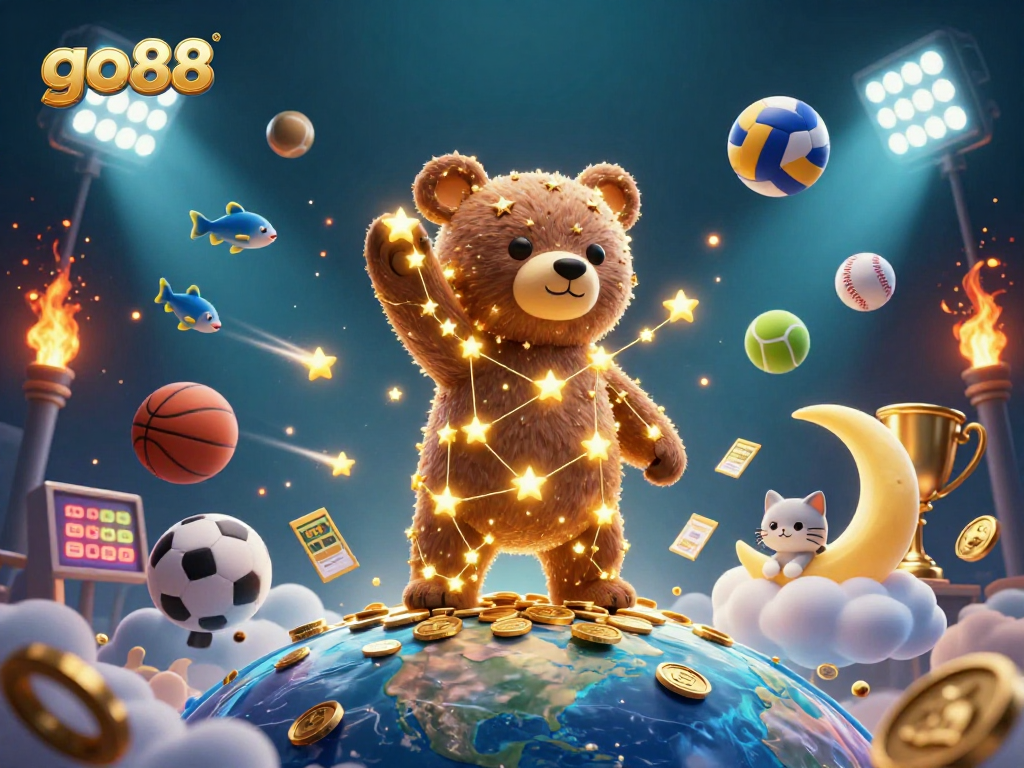 go88 showcases a constellation bear interacting with coin-filled elements in a vibrant casino scene.