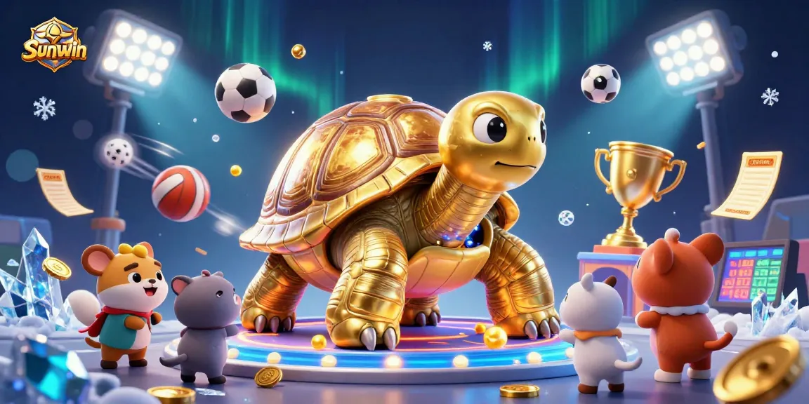 Experience gaming thrills at Sunwin with an exciting 3D casino illustration featuring a golden tortoise and dynamic sports elements.