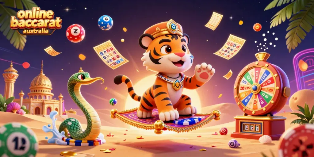 Win big with online baccarat Australia in an exciting 3D cartoon scene featuring a tiger sultan.