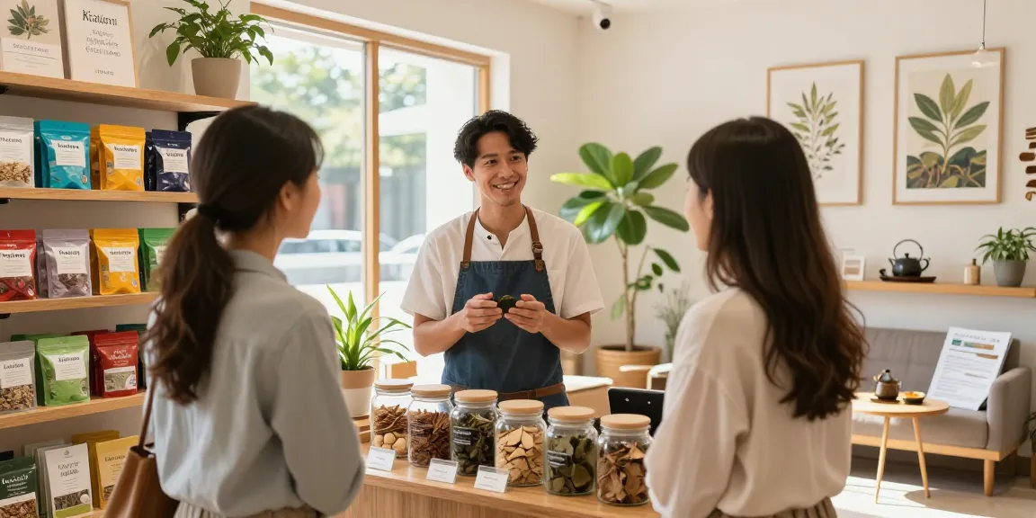 Buy kratom products in a warm wellness shop with engaging staff.