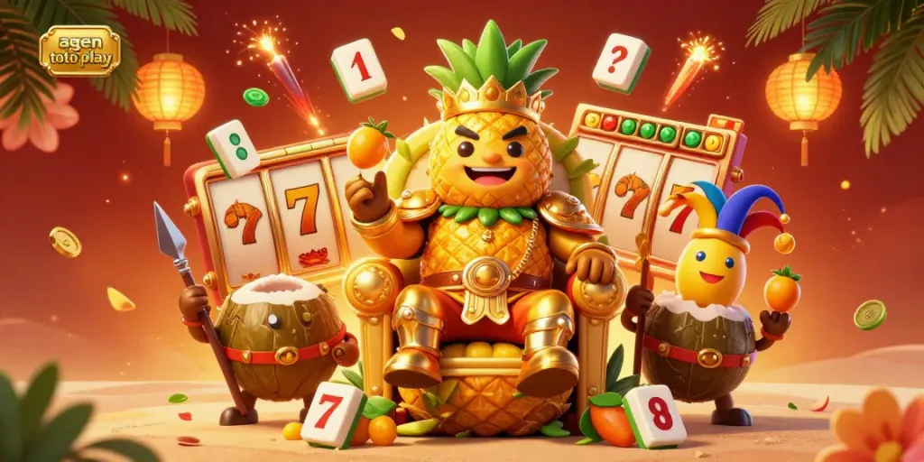 Engage with the vibrant casino world featuring agen toto play and a golden pineapple king on a beach throne.