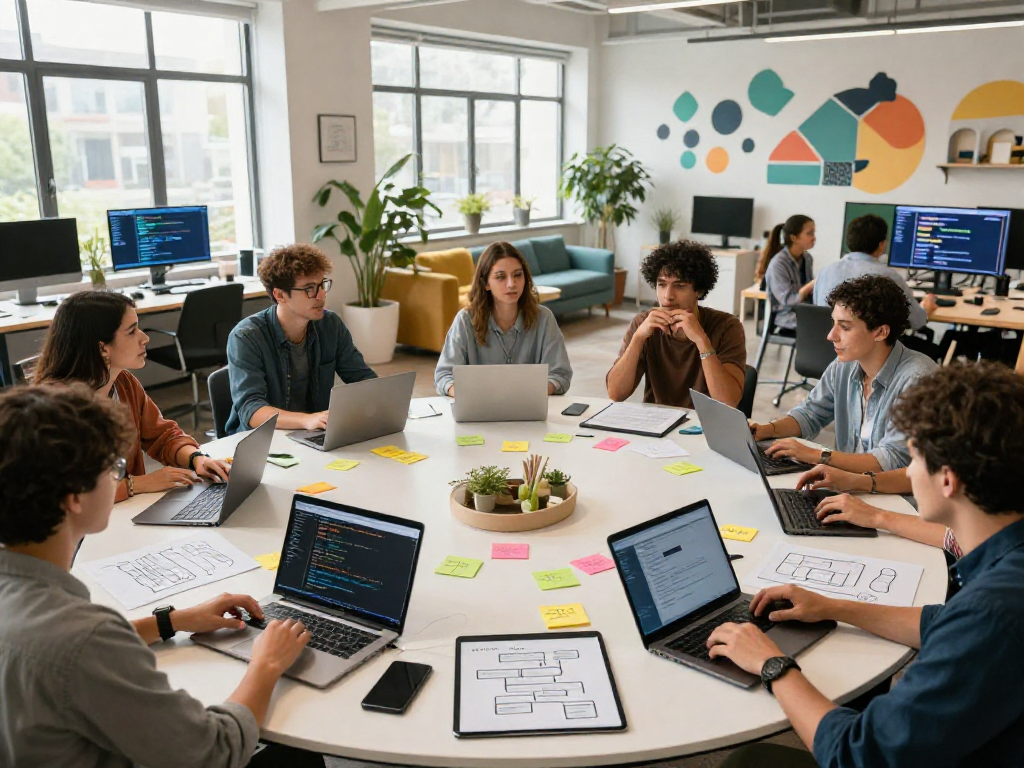 Group brainstorming about spicy chat AI in a vibrant tech workspace.