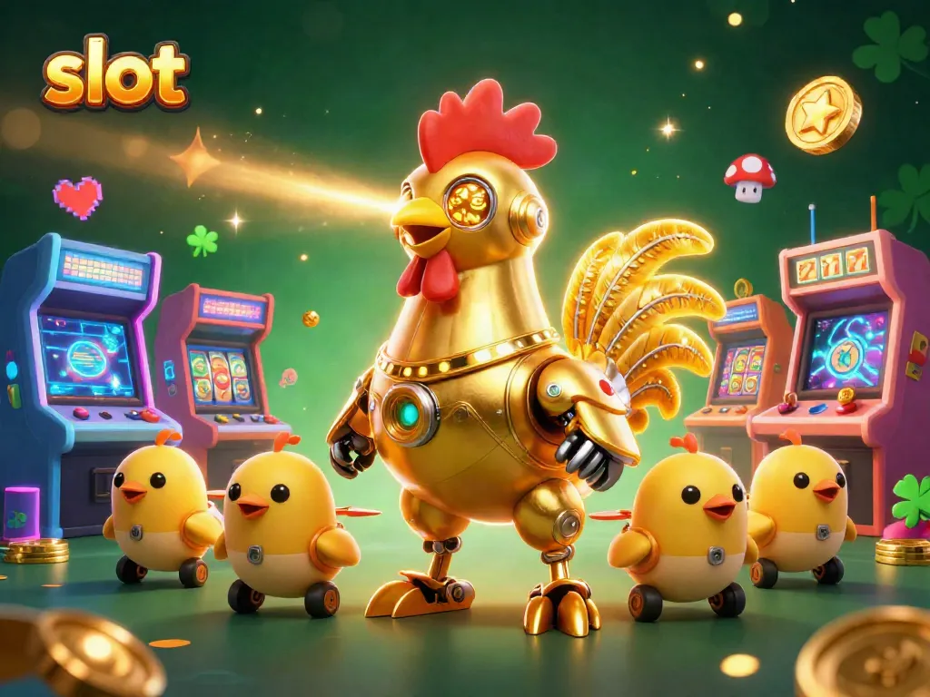 Experience thrilling slot action with a golden robot and baby chick drones in a vibrant casino scene.