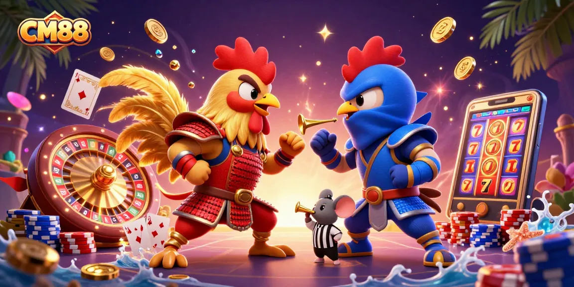 Experience the thrill of CM88 with epic roosters in a gambling showdown amidst sparkling coins and games.
