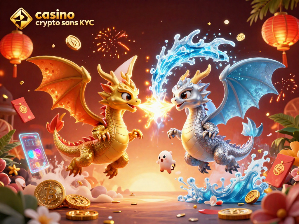 Jouer avec des dragons dans un casino crypto sans KYC, avec des éléments de blockchain et des lanternes.