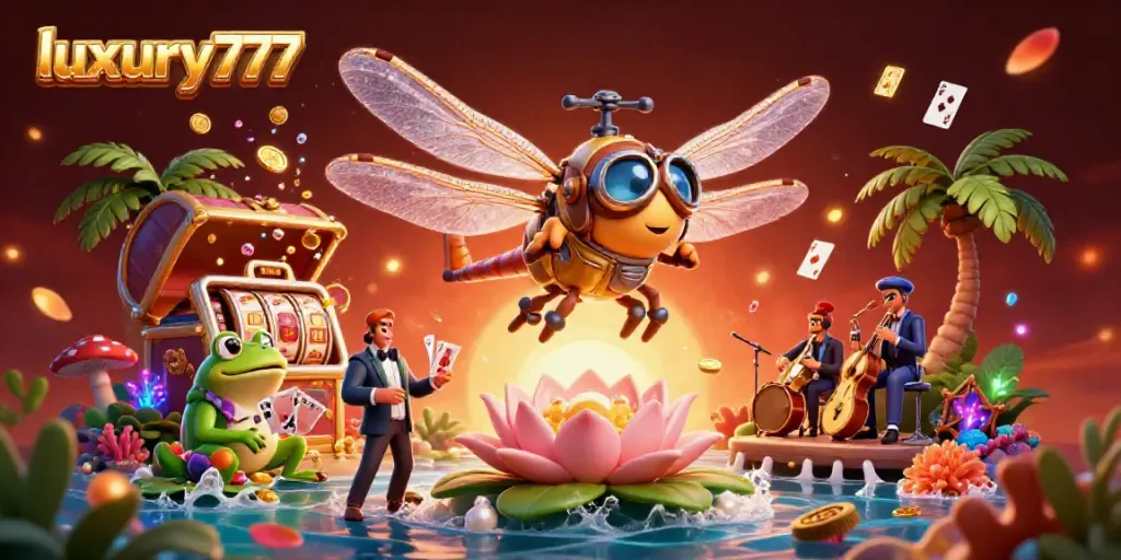 Experience the thrill of luxury777 with a vibrant casino scene featuring a dragonfly pilot and a card-dealing frog.