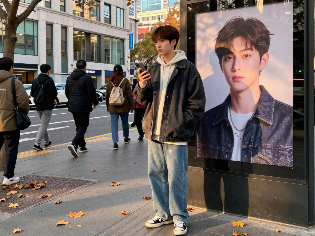 Discovering your celebrity look alike in a vibrant urban fashion setting with trendy attire and celebrity posters.