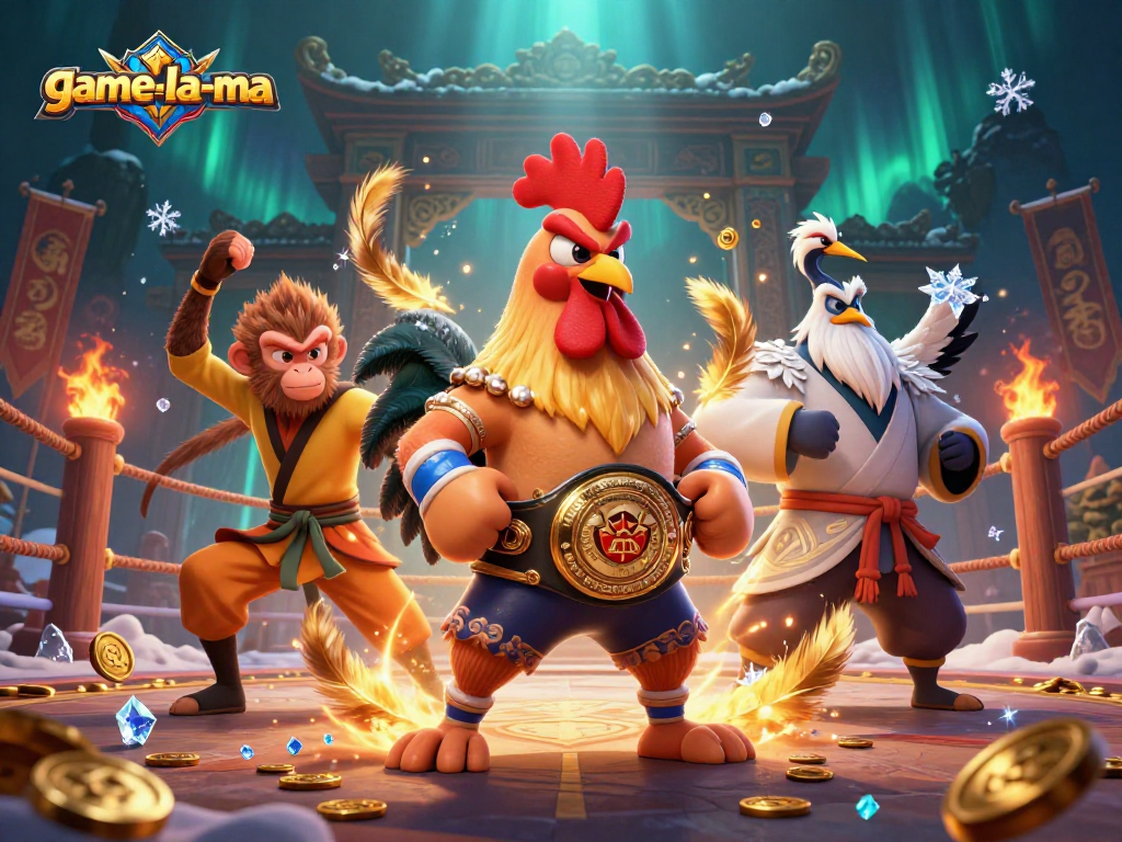 Engage in thrilling gameplay on game-la-ma with majestic 3D martial characters and vibrant casino elements.