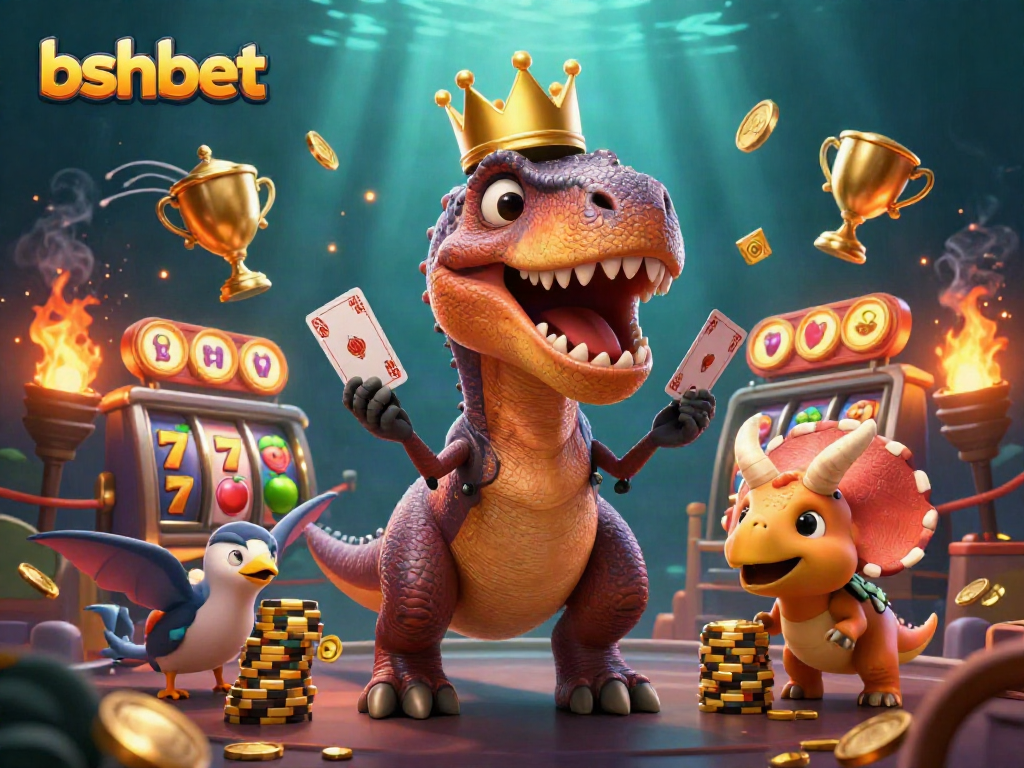 Bshbet showcases an entertaining 3D T-Rex playing cards, promoting casino excitement with vivid elements.