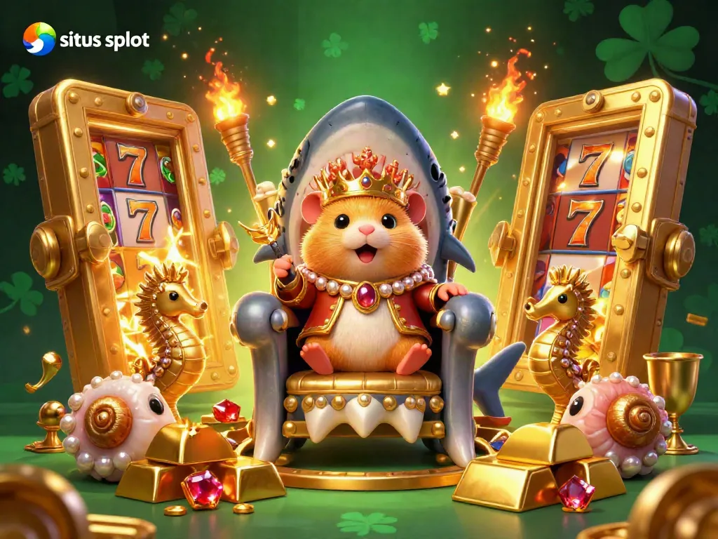 Gambaran raja hamster emas bermahkota karang di kursi hiu megaldon, dalam suasana situs slot yang kaya.