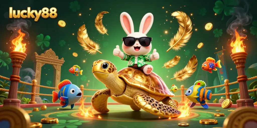 Experience the luck of lucky88 with this vibrant casino-themed illustration featuring a lucky rabbit and golden turtle.