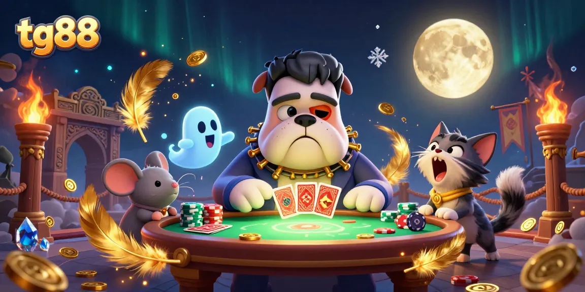 Experience thrilling card play with tg88's unique characters in a vibrant casino scene. Feel the excitement!