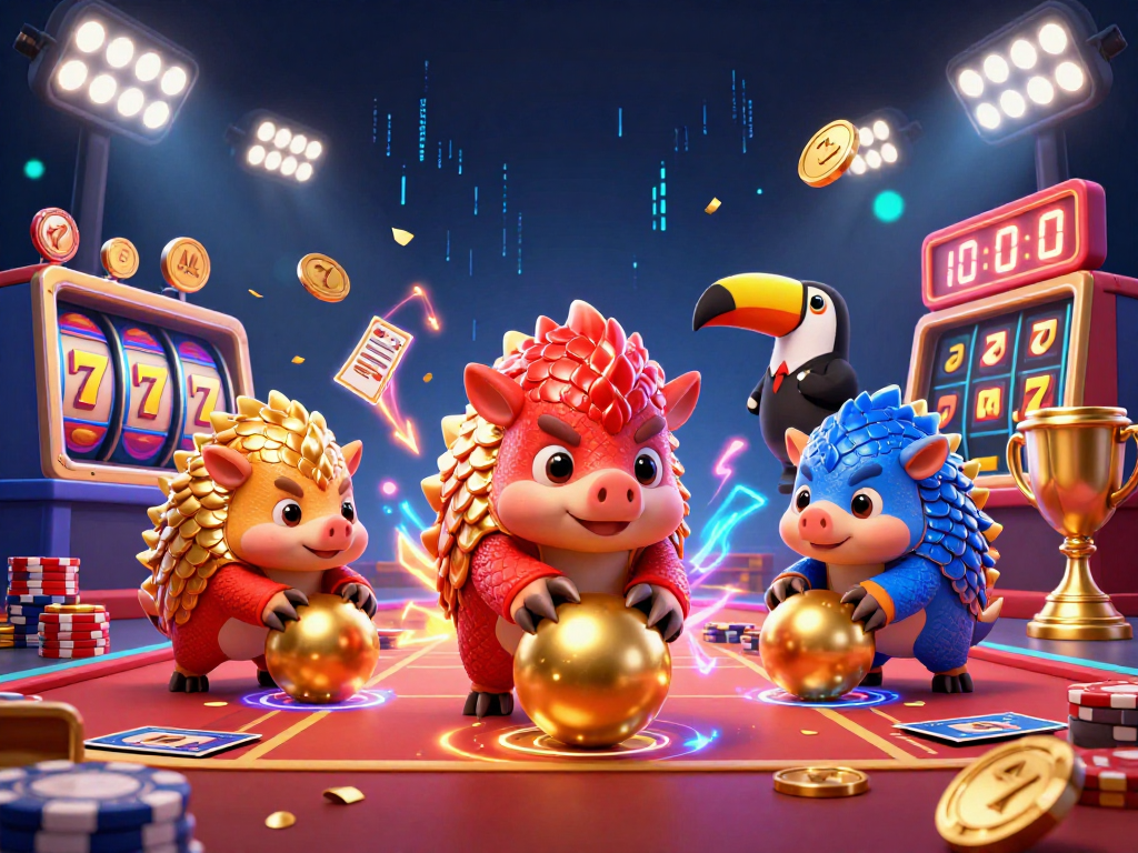 Win big with duongmatchuoc as playful pangolins roll into golden balls surrounded by vibrant gambling elements.