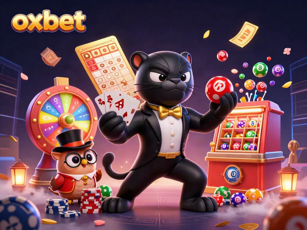 Engage with oxbet at this vibrant online gaming illustration showcasing a stylish panther dealer, a clever owl, and a lucky mouse amidst casino elements.