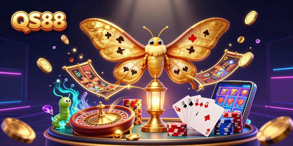 Experience winning at QS88 with vibrant casino elements and a majestic atlas moth in a dynamic scene.