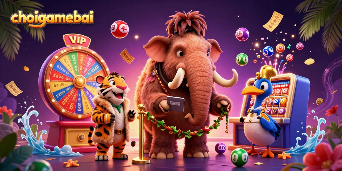 Experience the vibrant energy of choigamebai with a lively scene featuring a mammoth bouncer, a VIP tiger, and dynamic lottery balls.
