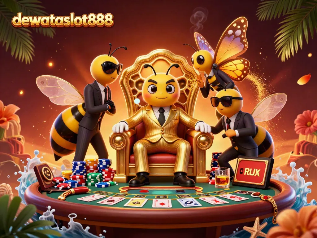 Menangkan permainan live casino dengan dewataslot888, dihiasi elemen kasino menarik dan karakter unik.