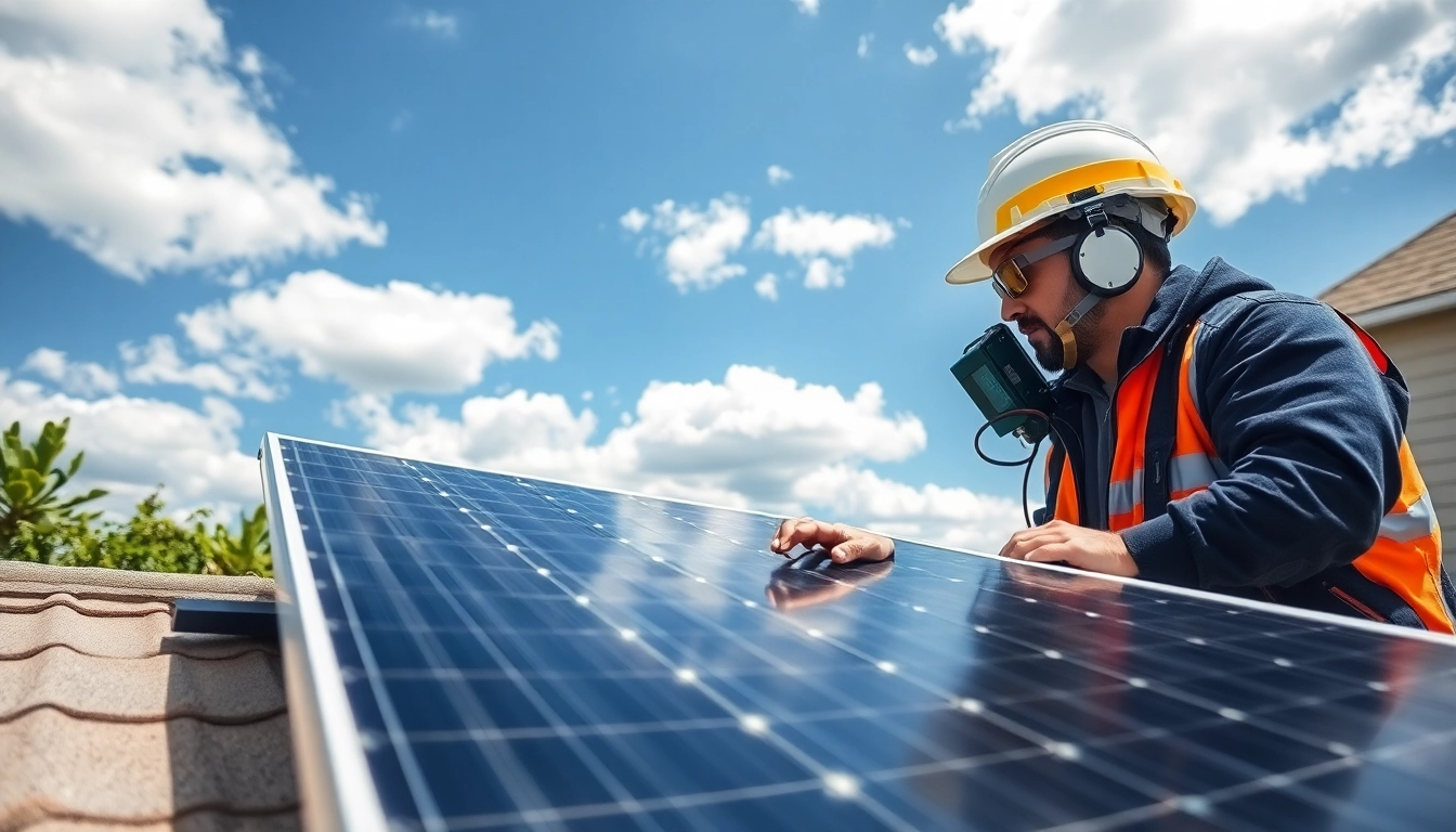 Technician performing solar panel repair on a rooftop, with focus on quality and safety.