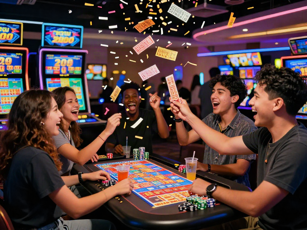 Friends celebrating a Toto togel win in a lively casino atmosphere with lottery tickets and vibrant decorations.