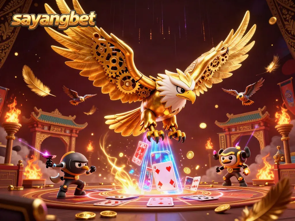 Experience thrilling gameplay at sayangbet with a cybernetic eagle amidst flying cards and gold coins.