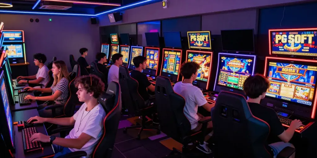 Friends enjoying slot thailand games at a vibrant gaming cafe during evening