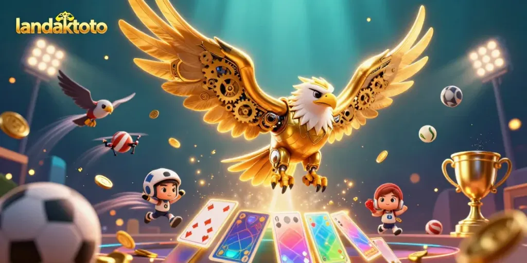Menangkan peluang dengan landaktoto, ilustrasi 3D menarik dengan karakter elang cybernetic dan elemen sepak bola.