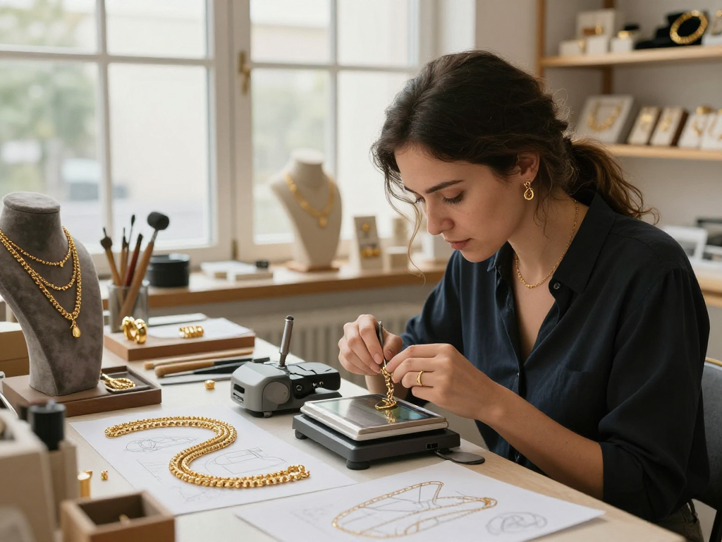 Mantra88 login - Artisanal jeweler examining 24K gold pieces in elegant workshop setting, showing intricate craftsmanship and design.