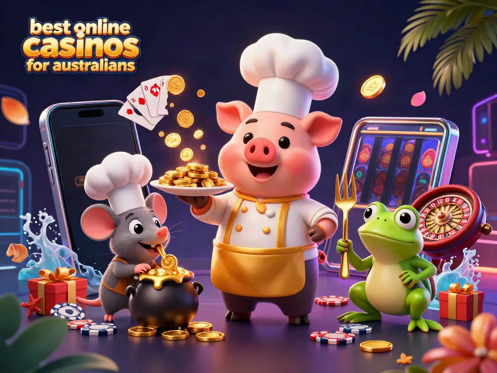 Engaging 3D illustration depicting the best online casinos for Australians, featuring a pig chef serving gold coins alongside a mouse and frog.