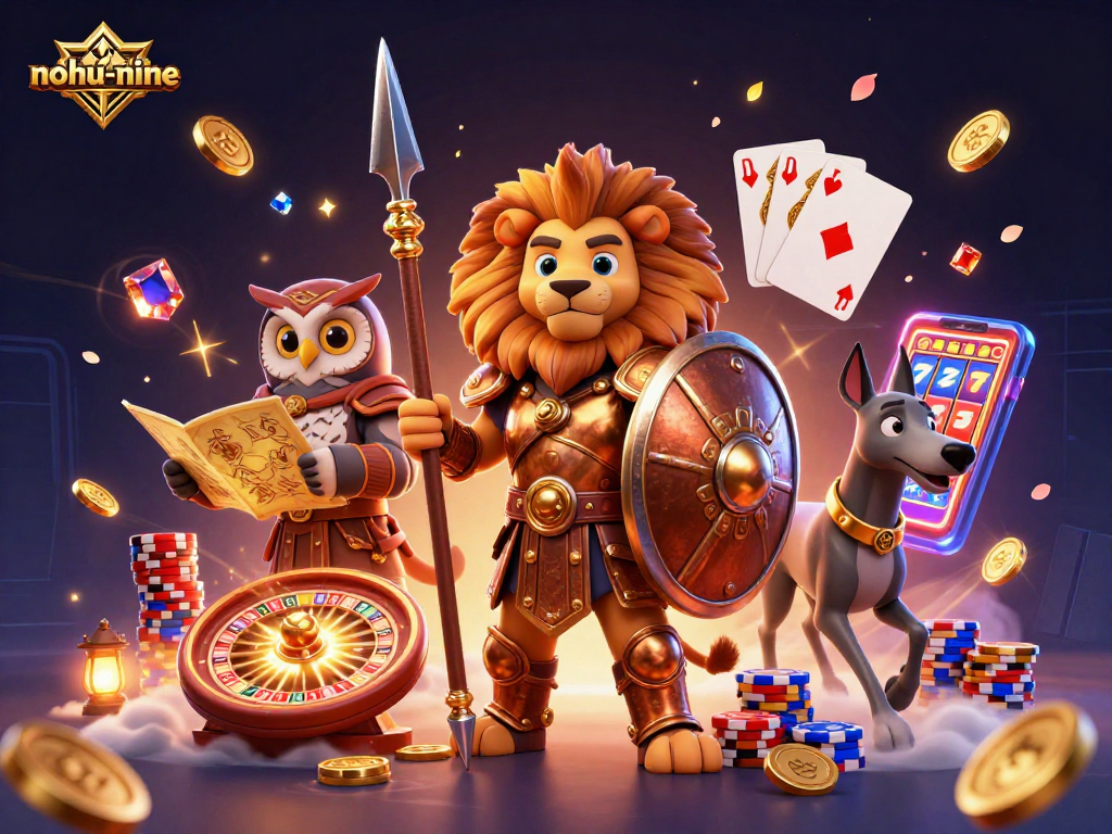 Experience the thrilling nohu-nine game with captivating characters, gold coins, and vibrant casino flair.