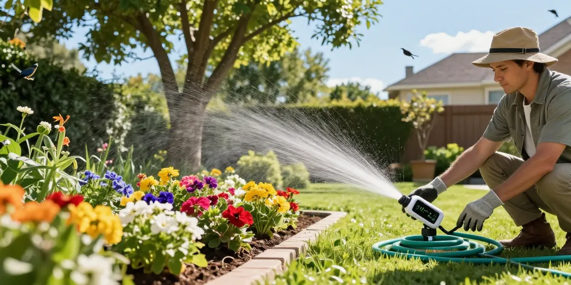 Using a rainpoint wifi water timer to automate watering in a blooming garden.