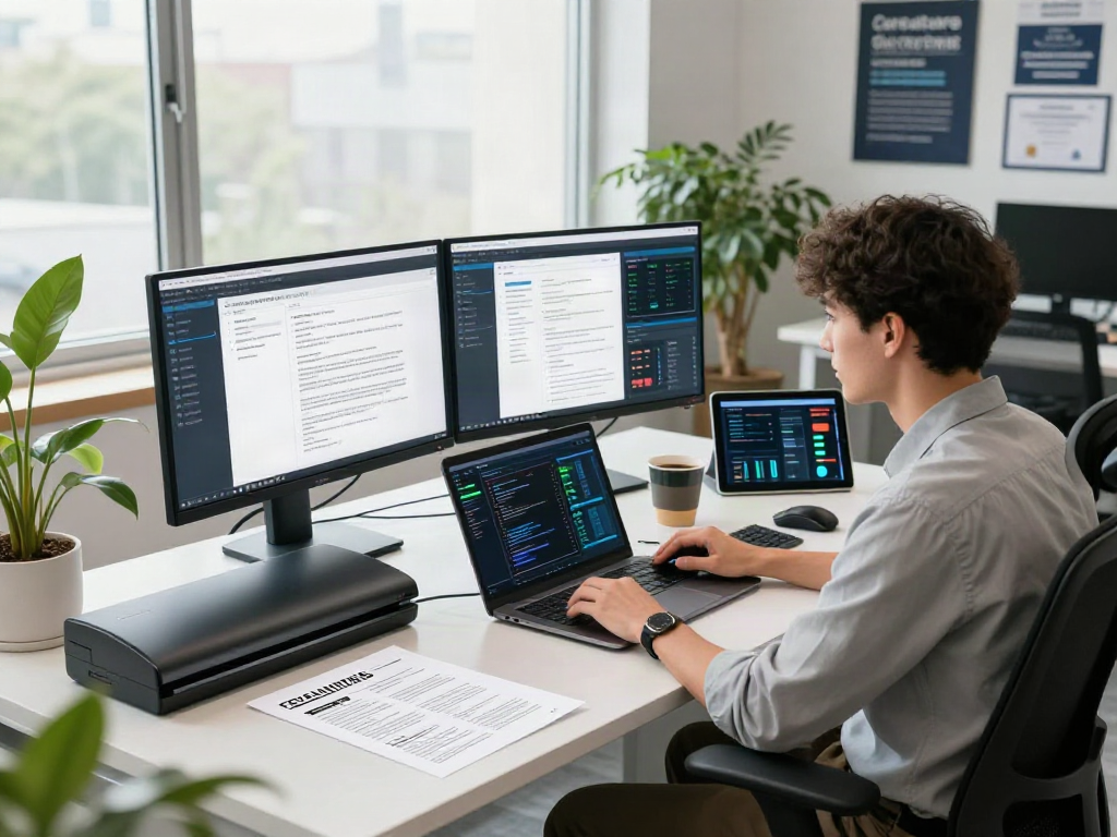 Data analyst using document fraud detection software in a modern workspace with analytics on screen.