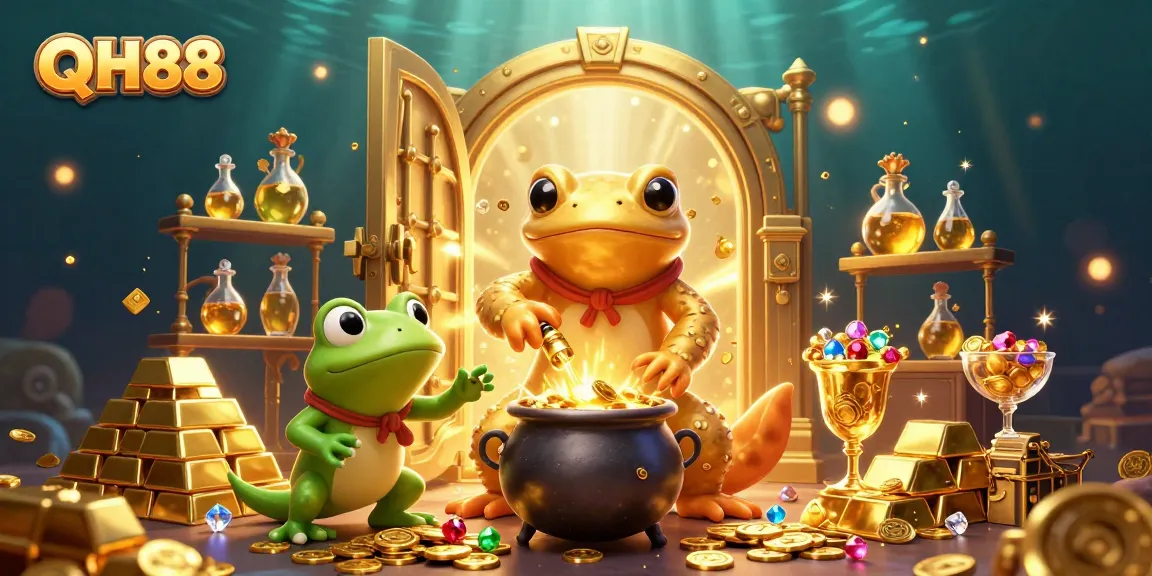 QH88 casino experience with a golden salamander alchemist turning metal into gold coins amidst riches.