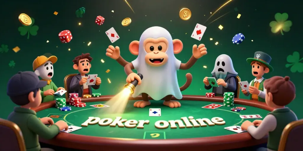 Experience poker online excitement with playful monkeys and a curious puppy at a lively table.